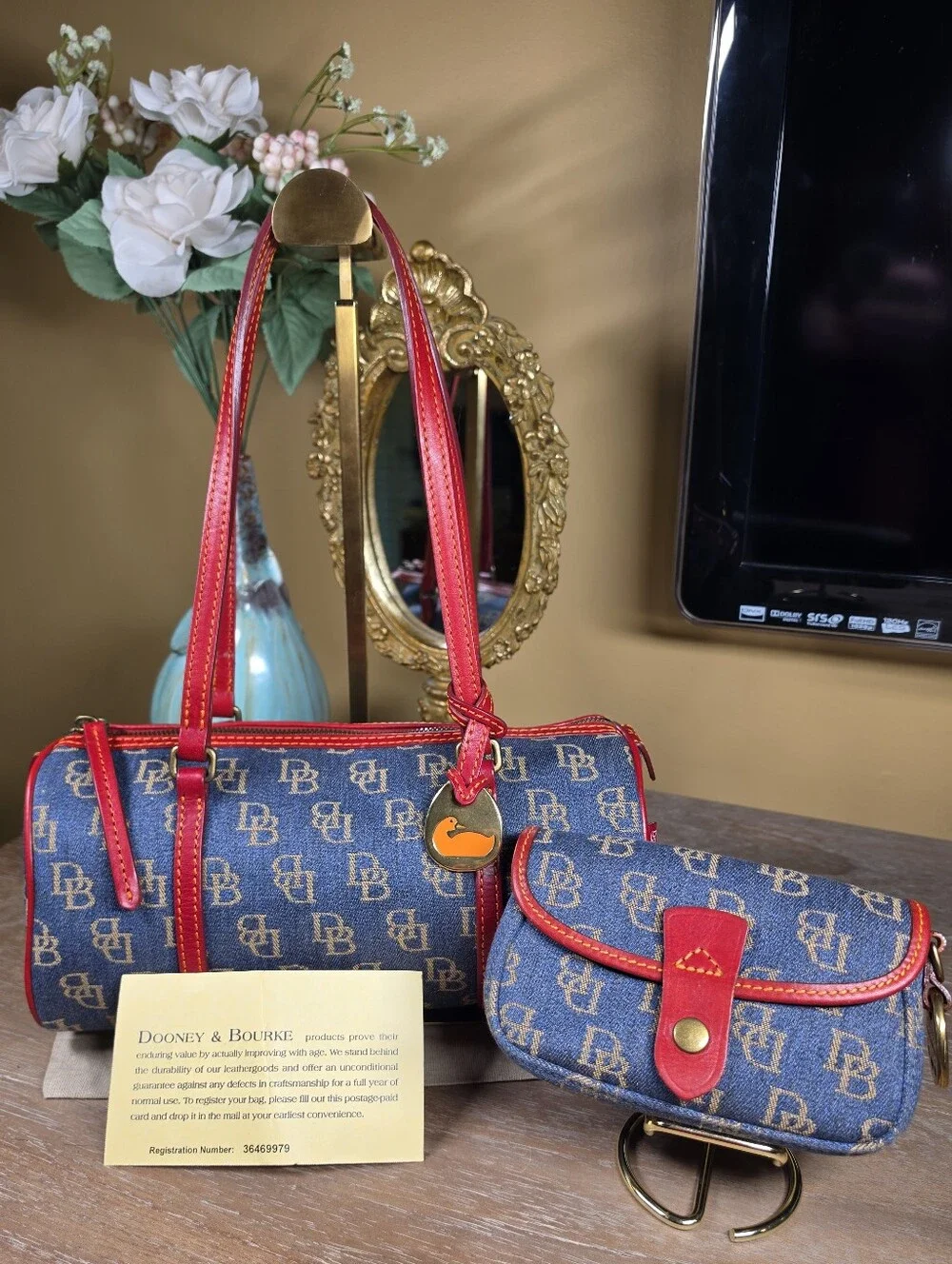 Dooney & Bourke Y2K Denim Monogram Barrel Bag & Pouch Set (Combine Retail $495)